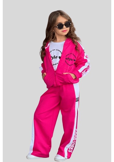 5-14 Yaş Good Vibes Kapüşonlu Kız Çocuk Takım Fuşya Fuşya