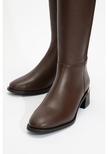 Rochos Kahve Cilt Streç Detaylı Hakiki Deri Kadın Çizme Kahve Rengi