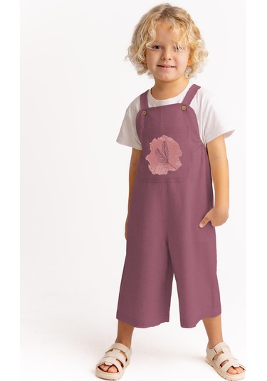 Unisex Tüğ Nakışlı Keten Salopet Mürdüm Mürdüm