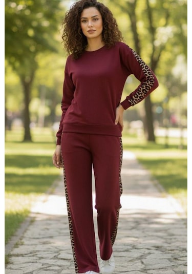 Trend Alisse Bisiklet Yaka Leopar Garnili Esnek Cepli Modal Takım Bordo