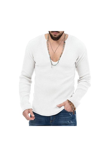 Erkek Örgü Kazak Derin V Yaka Nervürlü Uzun Kollu Düz Renk Slim Fit Yumuşak Sıcak Sonbahar Kış Rahat Erkek Kazak Üst Kazak Triko Beyaz