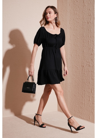 Lela Önü Büzgülü Balon Kollu Mini Bayan Elbise 5869005 Siyah