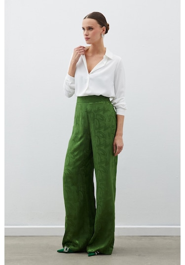 Sateen Jakarlı Salaş Pantolon - Yeşil