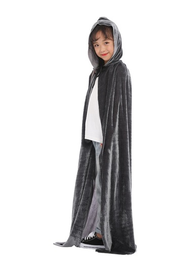 Hangfox Çocuklar İçin Gri Kaliteli Kadife Palto, Korkunç Halloween Kostümü, Kapüşonlu Mantar, Unisex Parti Ve Rol Oynama Eşyası L 110cm