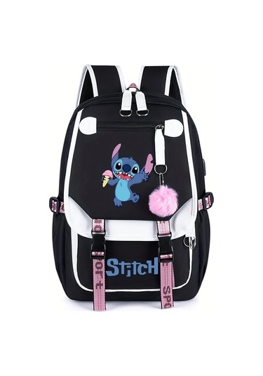 Honeybeeshop Disney Stitch Siyah 2 Büyük Kapasiteli Sırt Çantası Pembe Ve Siyah Tasarım Stitch Lilo İllüstrasyonlu Hafif Polyester Seyahat Çantası Siyah 2