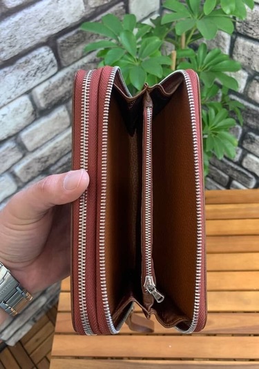 Guard Çift Fermuarlı Taba Hakiki Deri El Çantası Erkek / Kadın P3031 Taba