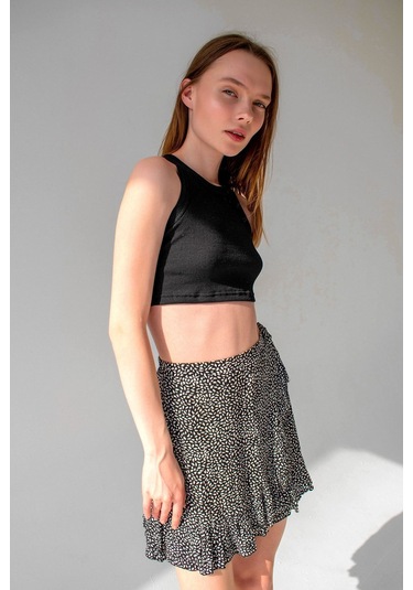 Koyu Kahve Fitilli Süper Crop Halter Yaka Örme Atlet Siyah