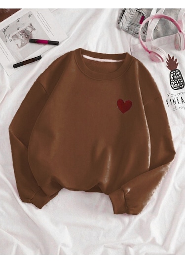 Kırmızı Minimal Kalp Baskılı Sweatshirt - Kahverengi Kalın Kışlık Bisiklet Yaka Kahverengi