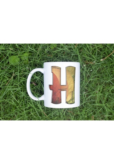 H Harf Yaprak Renkleri İle Kupa Bardak - Kişiye Özel Alfabe Harfli Bardak - Hediye Beyaz