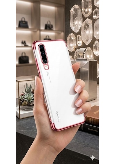 Huawei P30 Kılıf Dört Köşeli Lazer Silikon Kılıf Rose Gold