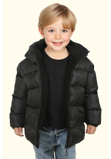 Erkek Çocuk Polarlı Kürklü Kapüşonlu Su Geçirmez Rüzgara Dayanıklı Şişme Kışlık Mont Kaban Siyah
