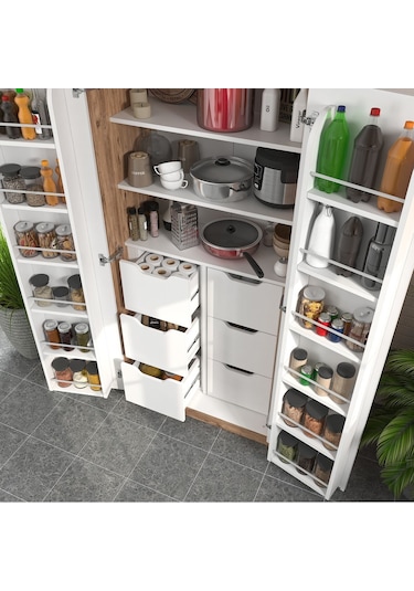 165 Derece Açılabilir 2 Kapaklı, 6 Çekmeceli, Kavanoz Raflı Kiler Ve Erzak Mutfak Dolabı Atlantik Çam Beyaz