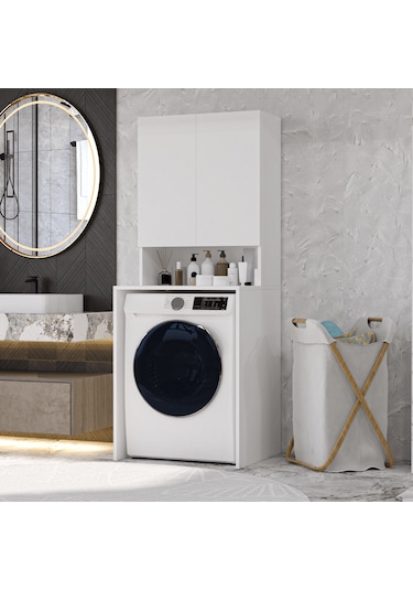 Mobilya Çamaşır Makinesi Dolabı 3 Raflı Kapaklı Banyo Dolabı Beya Beyaz