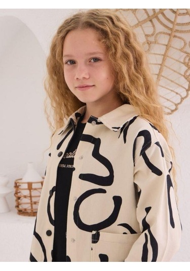 Kız Çocuk Desenli Kot Ceket İçi Tshirt Takım-15505 Krem
