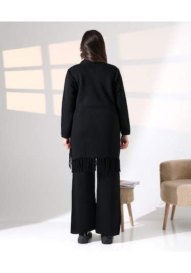 Bohem Şıklık Püskül Detaylı Üçlü Triko Takım Siyah
