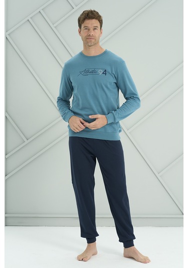Erkek Interlok Penye Uzun Kol Pijama Takımı 2222 Petrol Petrol