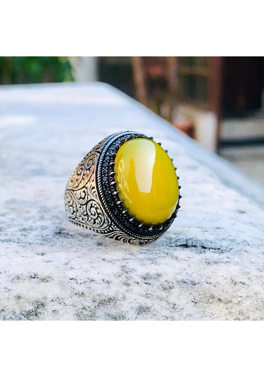 925 Ayar Gümüş Sarı Akik Taşlı Usta İşi Kalem Motifli Erkek Yüzük Gümüş