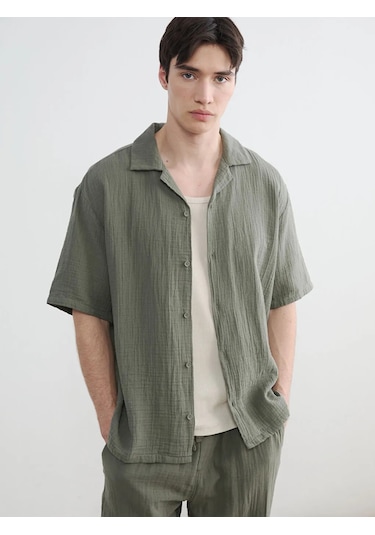 Lc Waikiki Haki Loose Fit Resort Yaka Müslin Erkek Gömlek