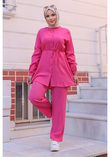 Hakim Yaka Detaylı Tesettür Fuşya Takım Fuşya
