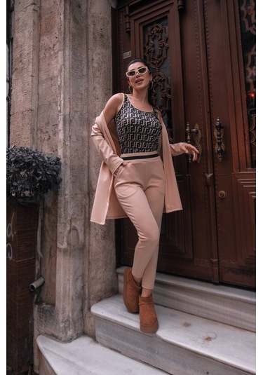 Gülsüm Aydın Kadın Uzun Kollu Krep Üçlü Takım Bej