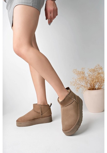 Muggo Hug Kalın Taban İçi Tüylü Günlük Mini Yarım Kadın Bot Vizon