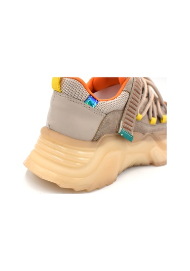 Beyaz London Asimetrik Bağcıklı Şeffaf Kalın Taban Kadın Spor Ayakkabı Bej Bej