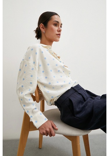 Never More Puantiyeli Oversize Gömlek Ekru