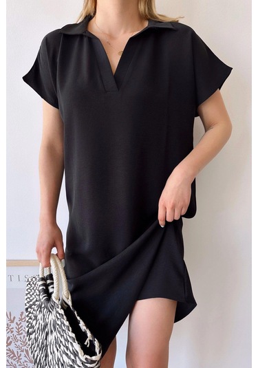 Kadın Siyah Kısa Kol, Polo Yaka, Dokulu Desen, Basic Kalıp/kesim, Aerobin Rahat Midi Elbise Siyah