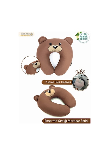 Mordesign Çift Taraflı Emzirme Yastığı Bebek Destek Minderi Hamile Yastığı Pamuk Kumaş Morbear Serisi Zg10047