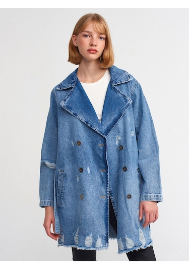 65336 Metal Düğmeli Denim Trençkot-mavi-977 Mavi