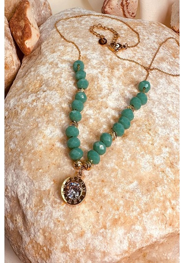 Turkuaz Boncuk Zirkon Tek Taşlı Gold Renk Paslanmaz Çelik Kadın Zincir Kolye