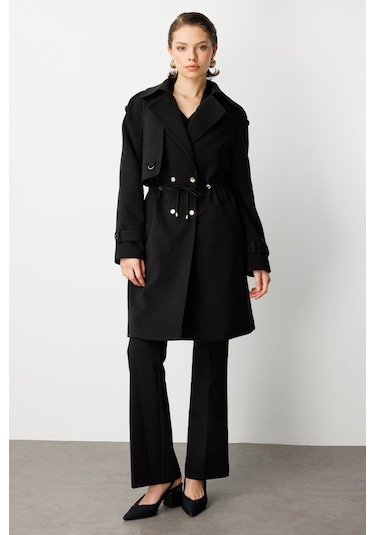 Ekol Kadın Beli Bağcıklı Apoletli Kaban 6037 Siyah Siyah