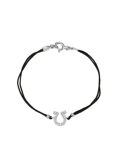 Zirkon Taşlı Pırlanta Montür Gümüş Rengi Kaplama Siyah İpli At Nalı Bileklik Gümüş - Rose Gold