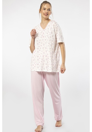 Türen 3369 Kadın Büyük Beden Kısa Kollu Pijama Takım-pembe Pembe