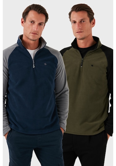 Buratti Slim Fit Yarım Fermuarlı Kışlık Şardonlu 2'Li Paket Erkek Polar 5906055S2 Haki-Lacivert