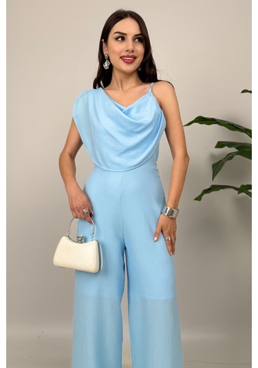 Élan Kadın Drapeli Detaylı Mavi Tulum Dokulu Kumaş Şıklığı Mavi