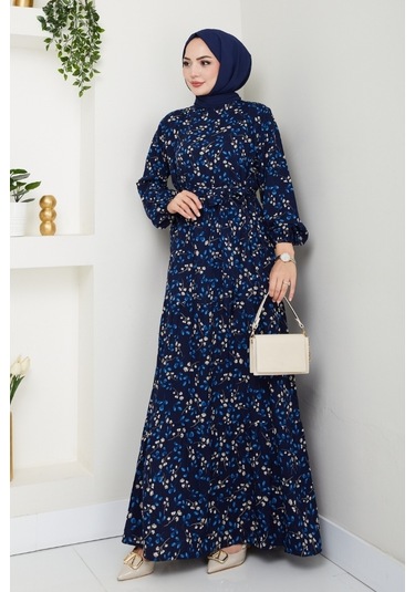 Semar Dokuma Viskon Elbise 1541 - Lacivert Lacivert