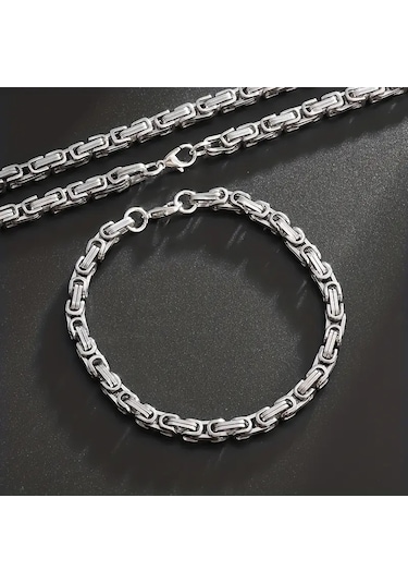 Silver Renk Tamamı Saf Çelik Kral Erkek Kolye Bileklik Set 4mm Gümüş
