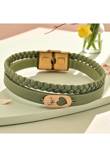 Archin Hz Ali Temalı Zeytin Yeşili Derili Kalp Motifli 14 Ayar Altın Plakalı Hediye Bileklik-556sembol Hz Ali Sembolü