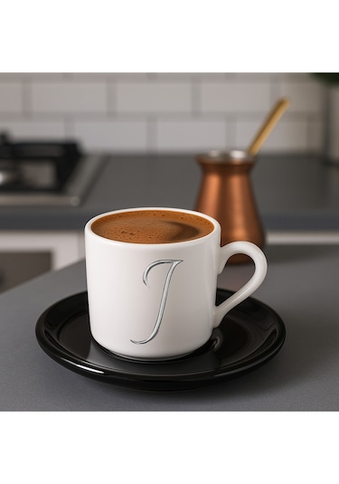 Türk Kahvesi Fincanı Siyah Altlık Harf, Espresso Fincanı Siyah Altlık Harf Siyah
