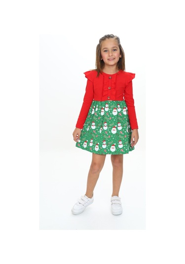 Toontoy Kız Çocuk Kol Fırfır Detaylı Düğmeli Kardan Adam Baskılı Elbise Kırmızı