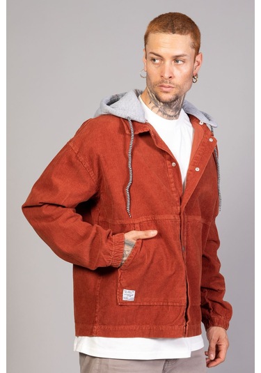 Erkek Kiremit Çıkarılabilir Kapüşonlu Oversize Pamuklu Kadife... Kiremit