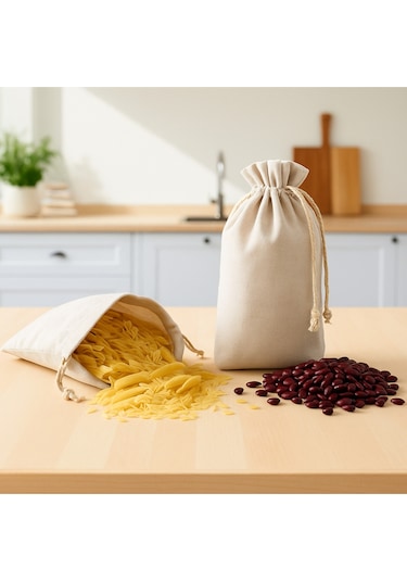 Organik Pamuklu Gıda Torbası 2'li Set Doğal Nefes Alan Yeniden Kullanılabilir Mutfak Saklama Poşeti Bej