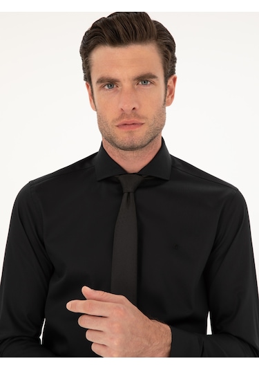 Cacharel Siyah Slim Fit Pamuk Klasik Gömlek