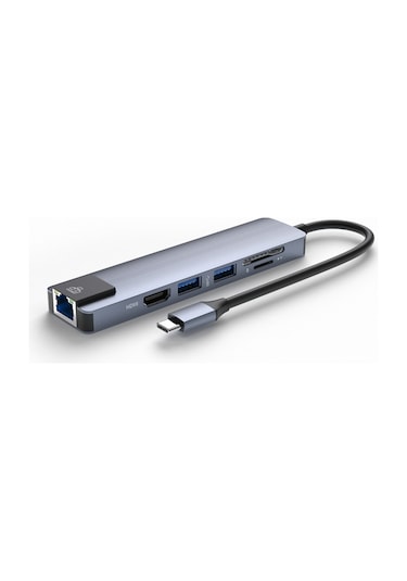 Smartgift 6 Port USB Hub Type C Ethernet/HDMI Adaptör USB 3.0 Çoklayıcı Çoğaltıcı Gri