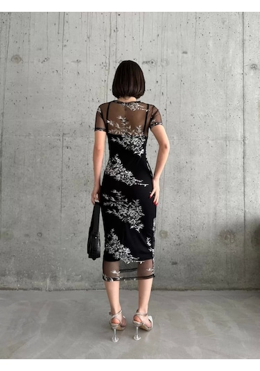 Kadın Baskılı Şifon Kimono Elbise - Siyah Siyah