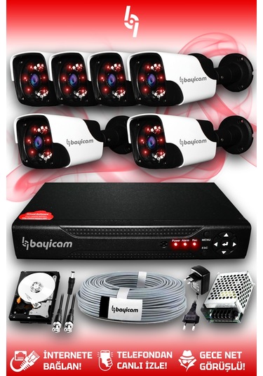 Bayicam 6 Kameralı Panda 6 Dış Kamera Set 1 TB HDD Full HD Gece Görüşlü Güvenlik Kamerası Sistemi