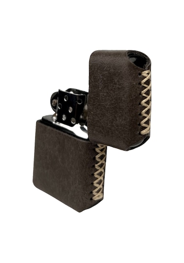 Handmade El Yapımı Hakiki Deri Zippo Modeli Çakmak Koyu Vizon