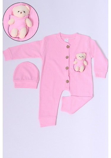 Hçm Bebek Tulum Şapka Hediyeli Düğmeli Ayıcık Detaylı C32 Pembe