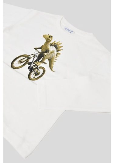 Erkek Çocuk Normal Kalıp Uzun Kollu Dinozor Baskılı T-shirt - Krem Kahverengi
